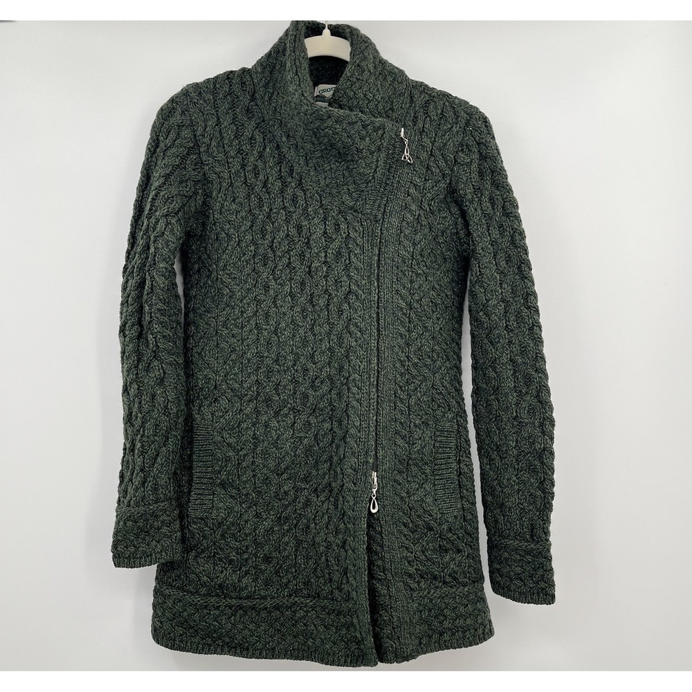 aran crafts sweater women Cable Knit XXS P Green 100 Merino Wool Fisher Chunky